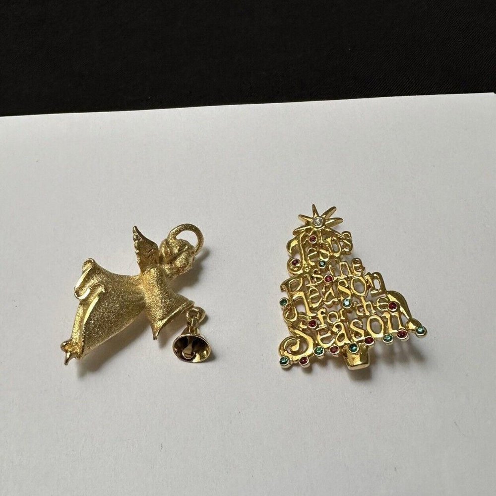 Lot Of 2 Brooch Pins Angel & Christmas Tree Jesus Is The Reason For The Season